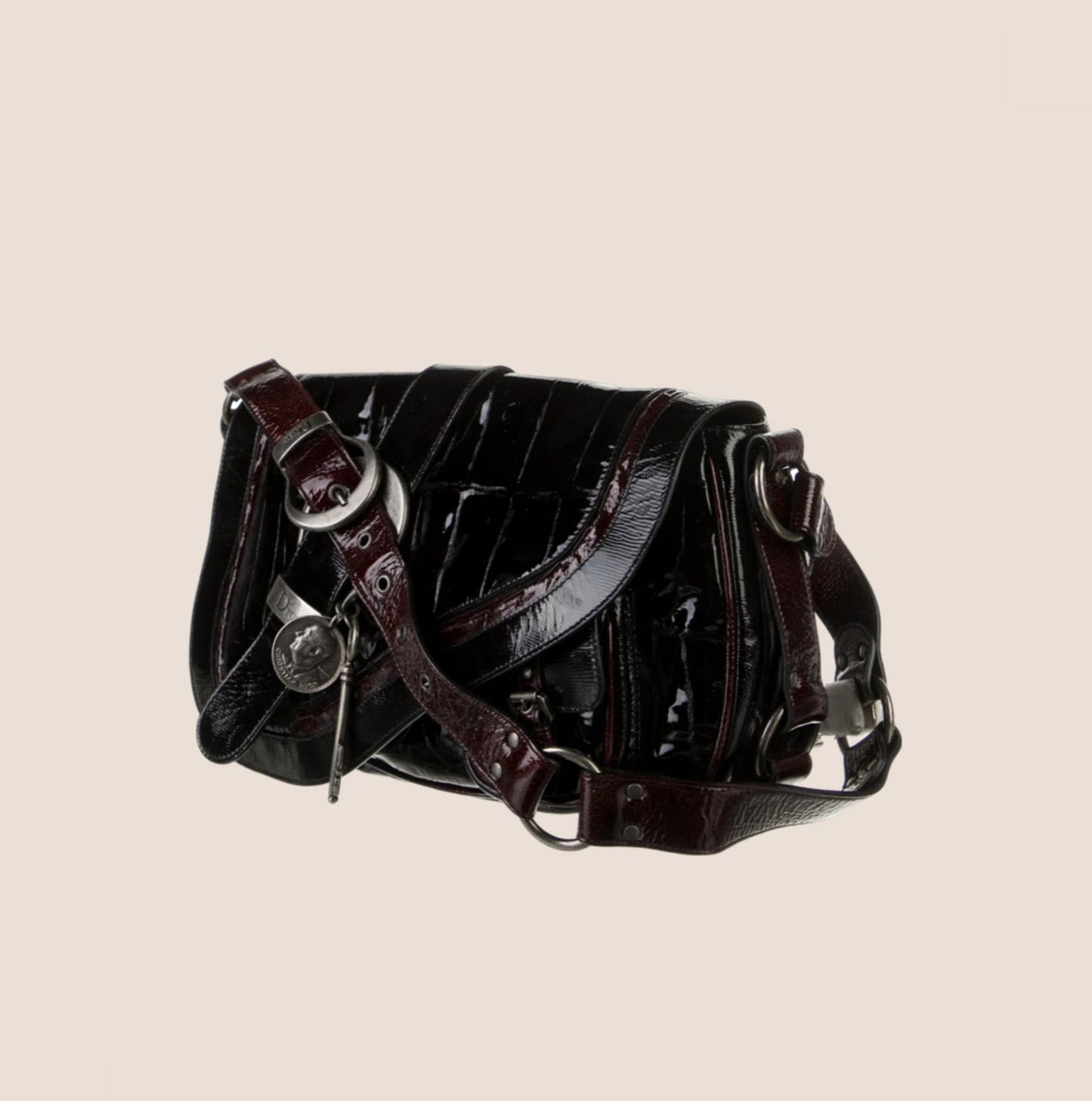 CHRISTIAN DIOR CROC EMBOSSED BLACK LEATHER PATENT GAUCHO BAG