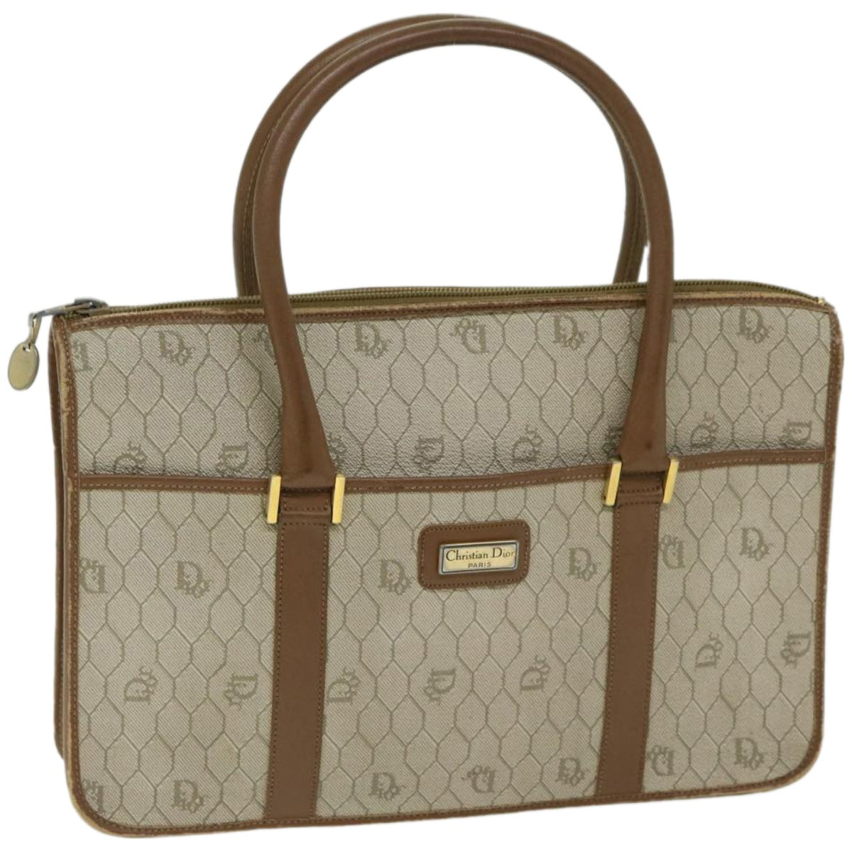 CHRISTIAN DIOR Honeycomb Canvas Hand Bag PVC Leather Beige Auth fm3259