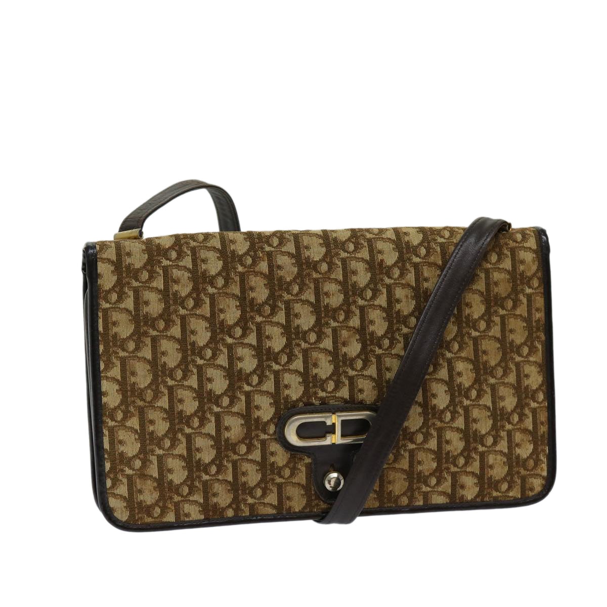 CHRISTIAN DIOR Trotter Canvas Shoulder Bag Canvas Brown Auth fm3282