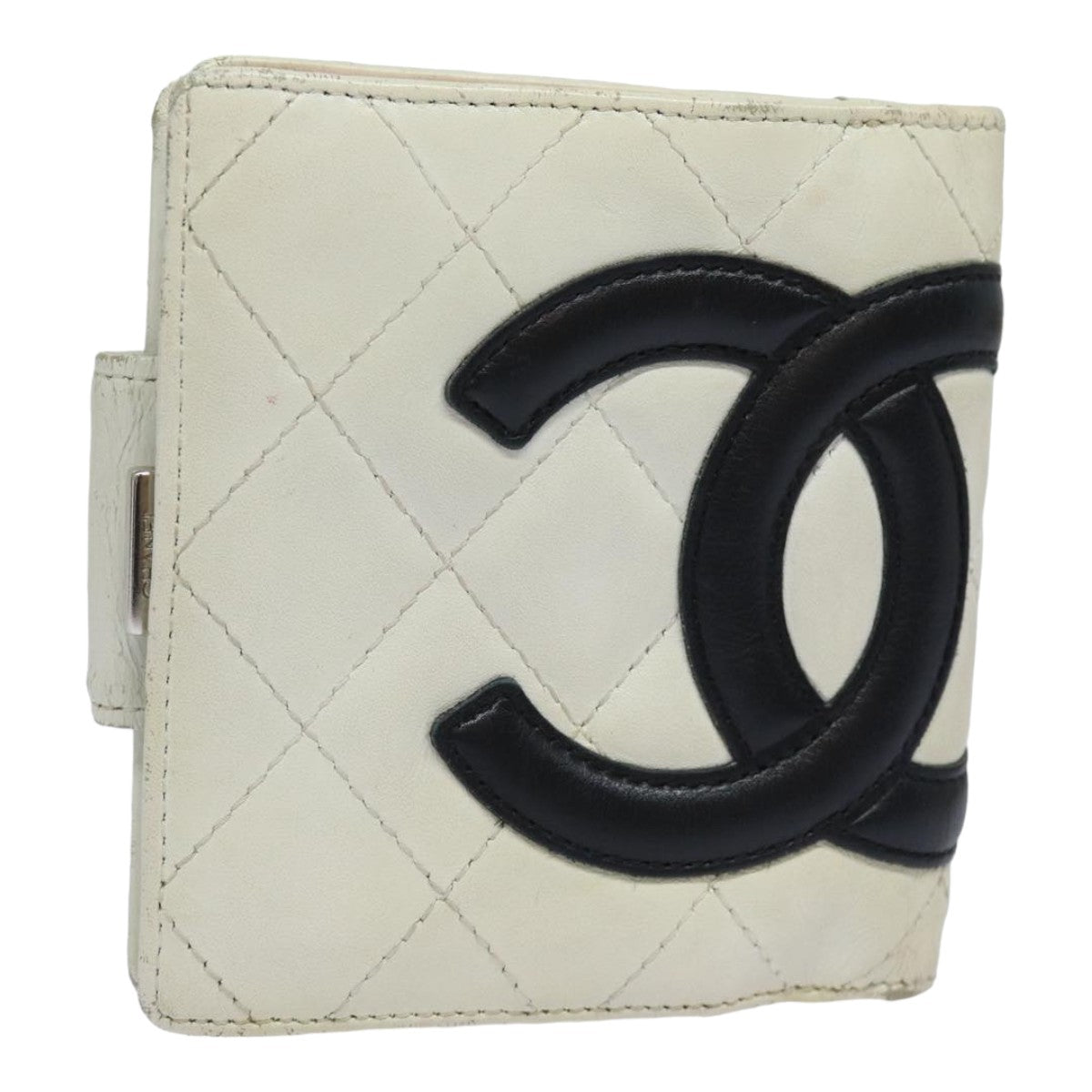 CHANEL Cambon Line Bifold Wallet Leather White CC Auth fm3608