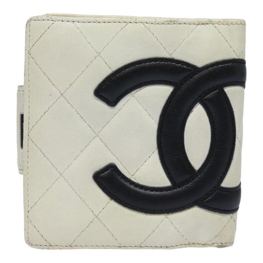 CHANEL Cambon Line Bifold Wallet Leather White CC Auth fm3608