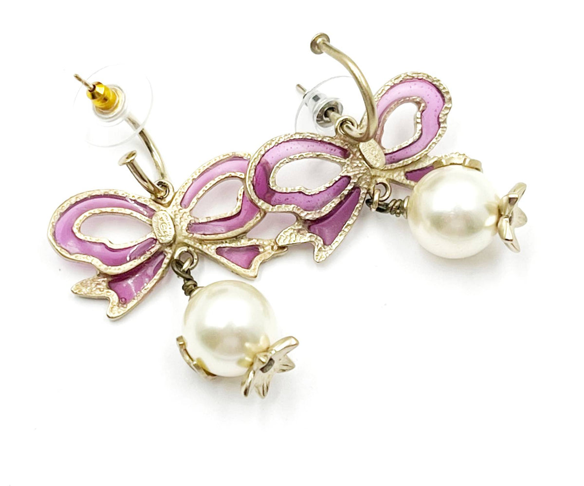 Top Quality Chanel Gold Fuchsia Ribbon Bow CC Pearl Dangle Hoop Earrings