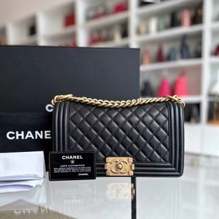 *Full Set, Caviar, Like New, Receipt* Boy Caviar Old Medium 25cm Quilted Leboy Black GHW No 25