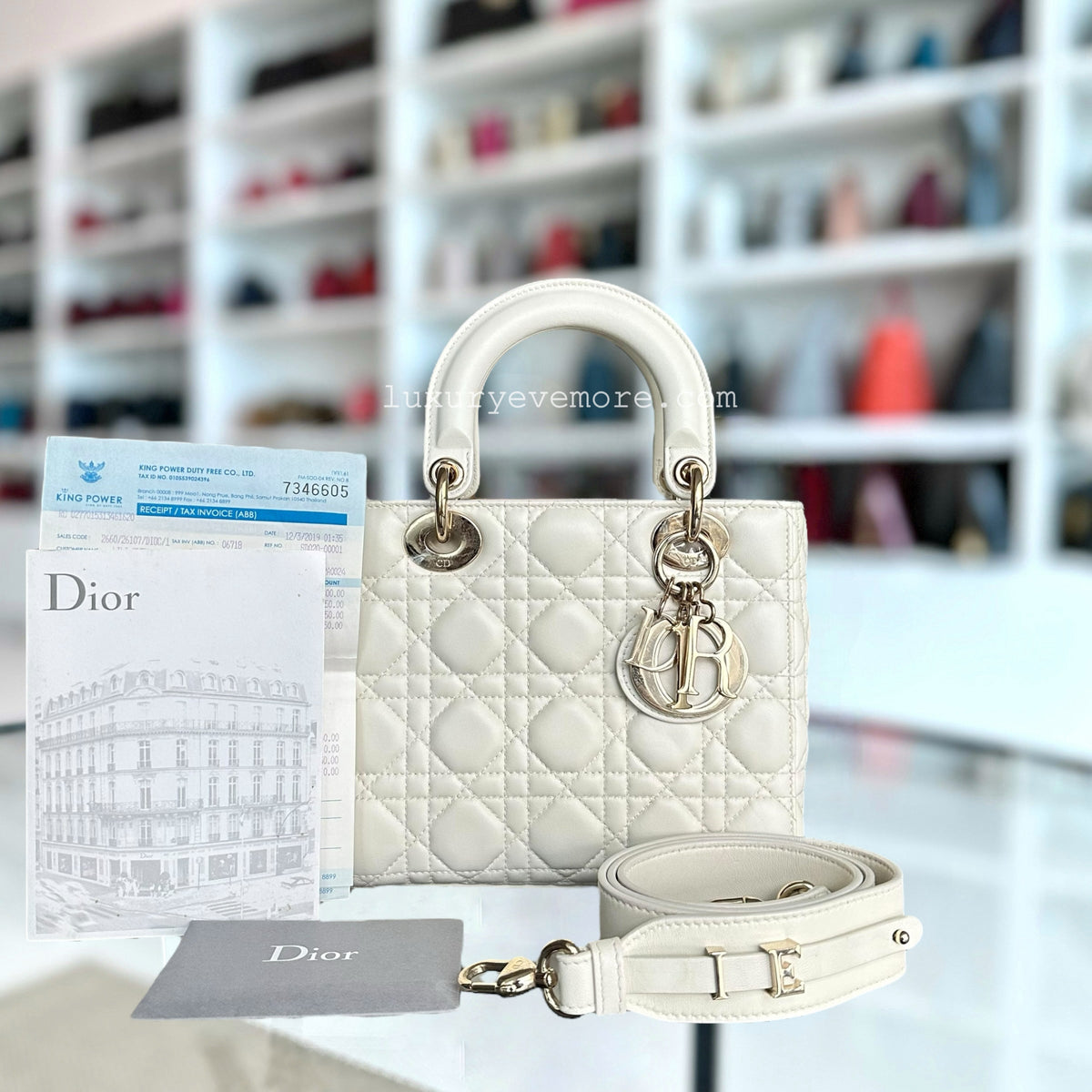 *Full Set, Receipt, ABC Strap* Lady Small Cannage Lambskin Cream White Light Golden Hardware ABC Strap MyABC