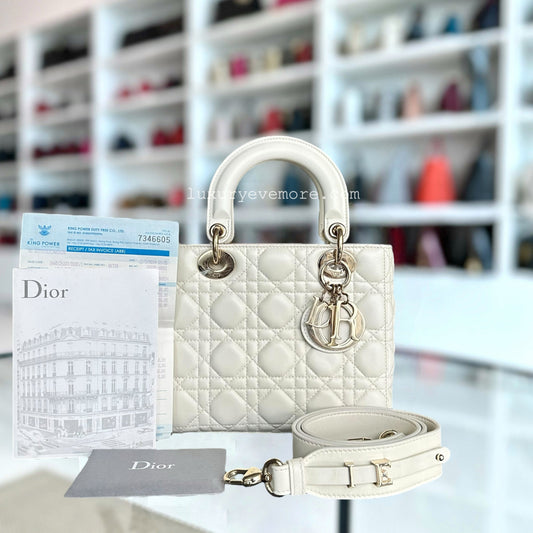 *Full Set, Receipt, ABC Strap* Lady Small Cannage Lambskin Cream White Light Golden Hardware ABC Strap MyABC