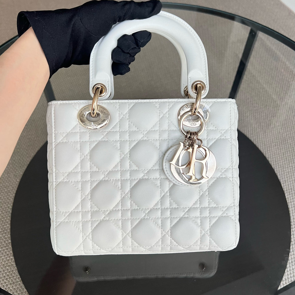 *Full Set, Receipt, ABC Strap* Lady Small Cannage Lambskin Cream White Light Golden Hardware ABC Strap MyABC