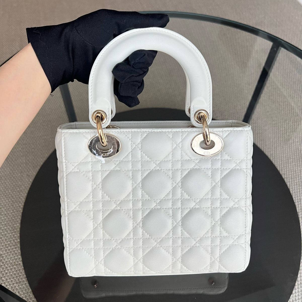 *Full Set, Receipt, ABC Strap* Lady Small Cannage Lambskin Cream White Light Golden Hardware ABC Strap MyABC