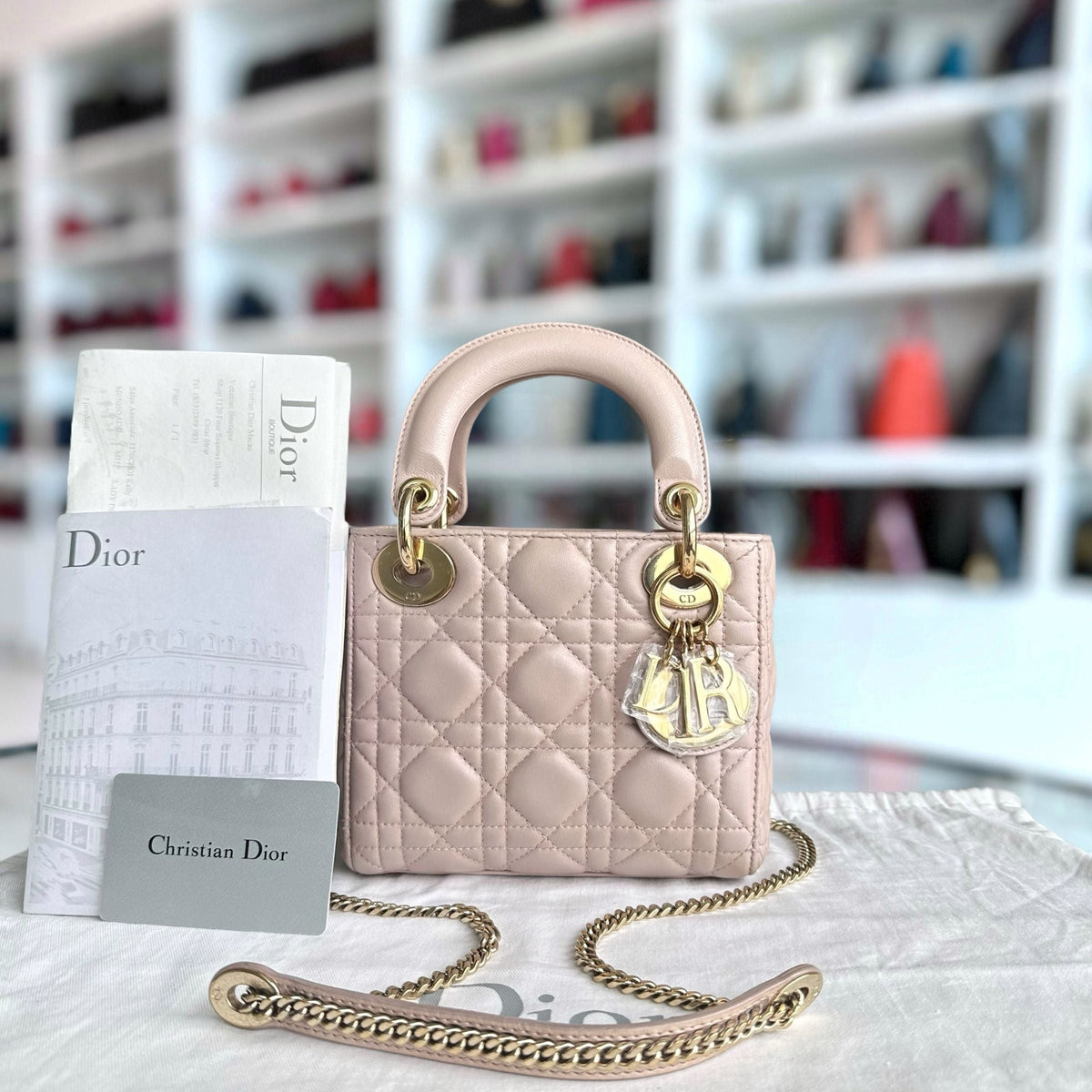 *Full Set, Receipt, Chain Strap* Lady Mini Cannage Lambskin Iridescent Pink GHW