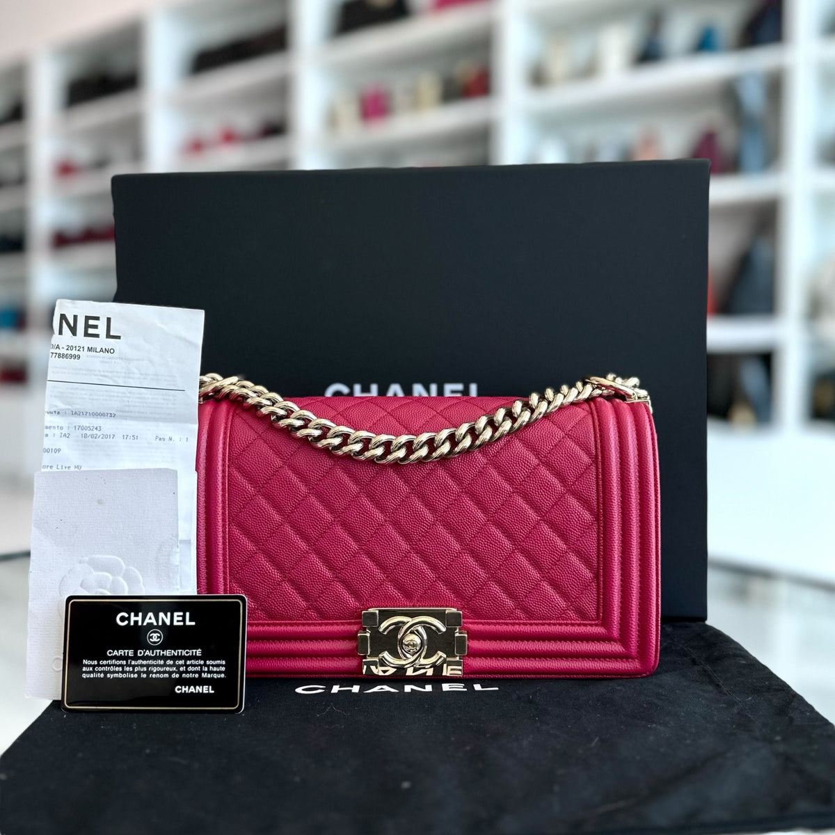 *Full Set, Receipt* Boy Caviar Old Medium 25CM Quilted Leboy Hot Pink GHW No 23
