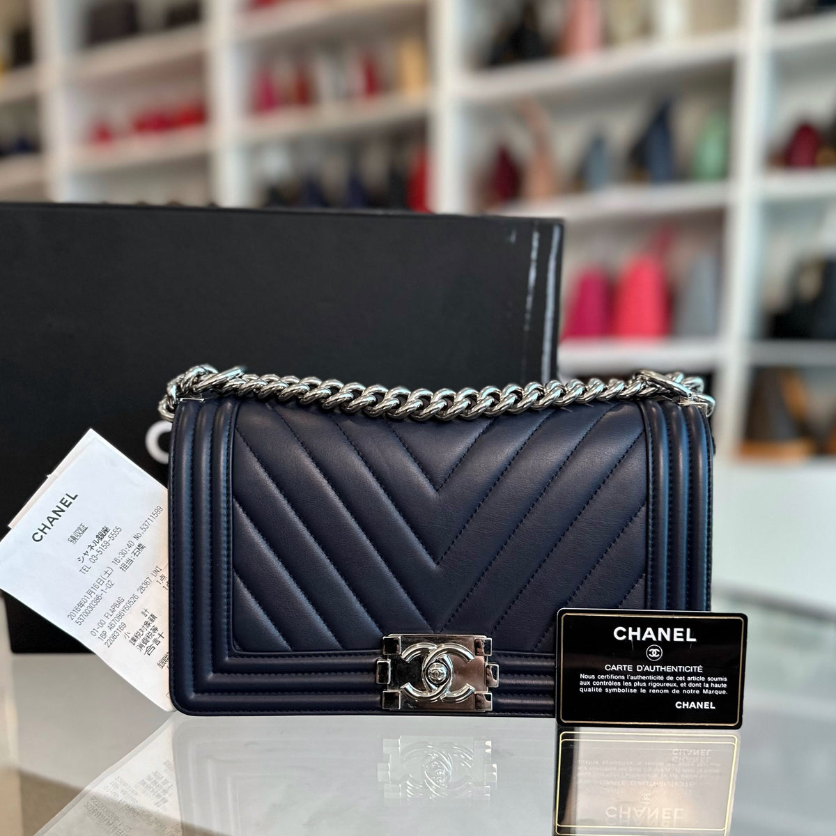 *Full Set Receipt* Boy Lambskin Old Medium 25CM Chevron Dark Blue SHW No 22