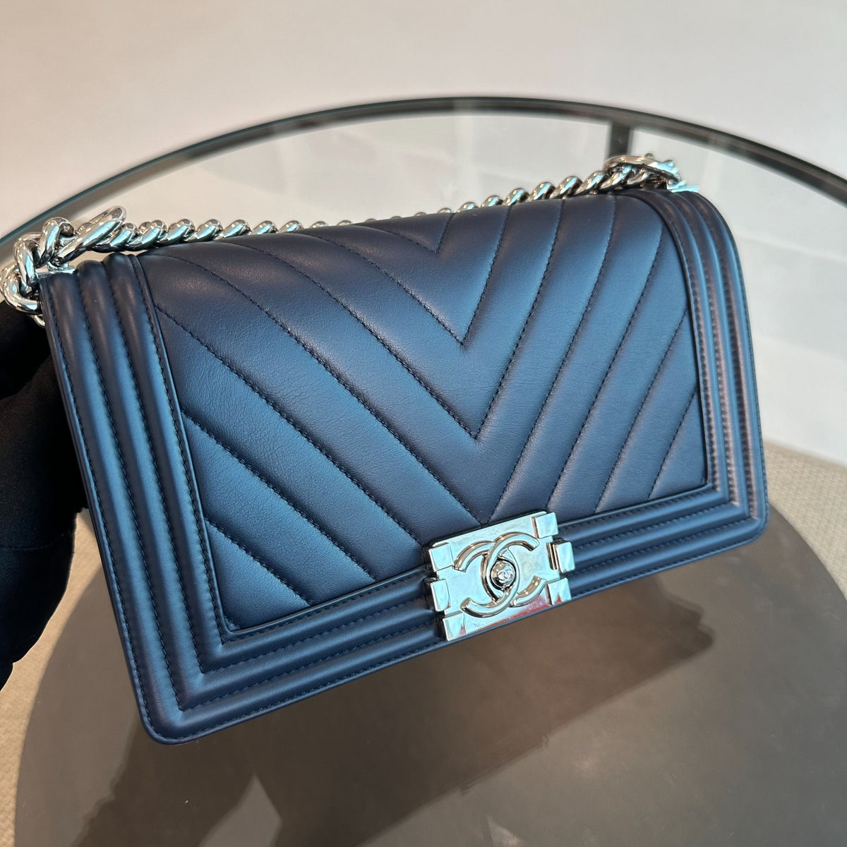 *Full Set Receipt* Boy Lambskin Old Medium 25CM Chevron Dark Blue SHW No 22