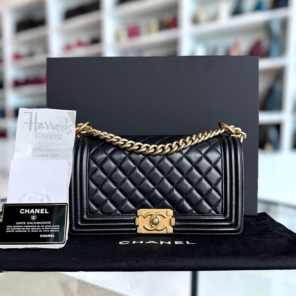 *Full set, Receipt* Boy Old Medium 25CM Lambskin Quilted Lambskin Black GHW No 22