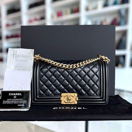*Full set, Receipt* Boy Old Medium 25CM Lambskin Quilted Lambskin Black GHW No 22