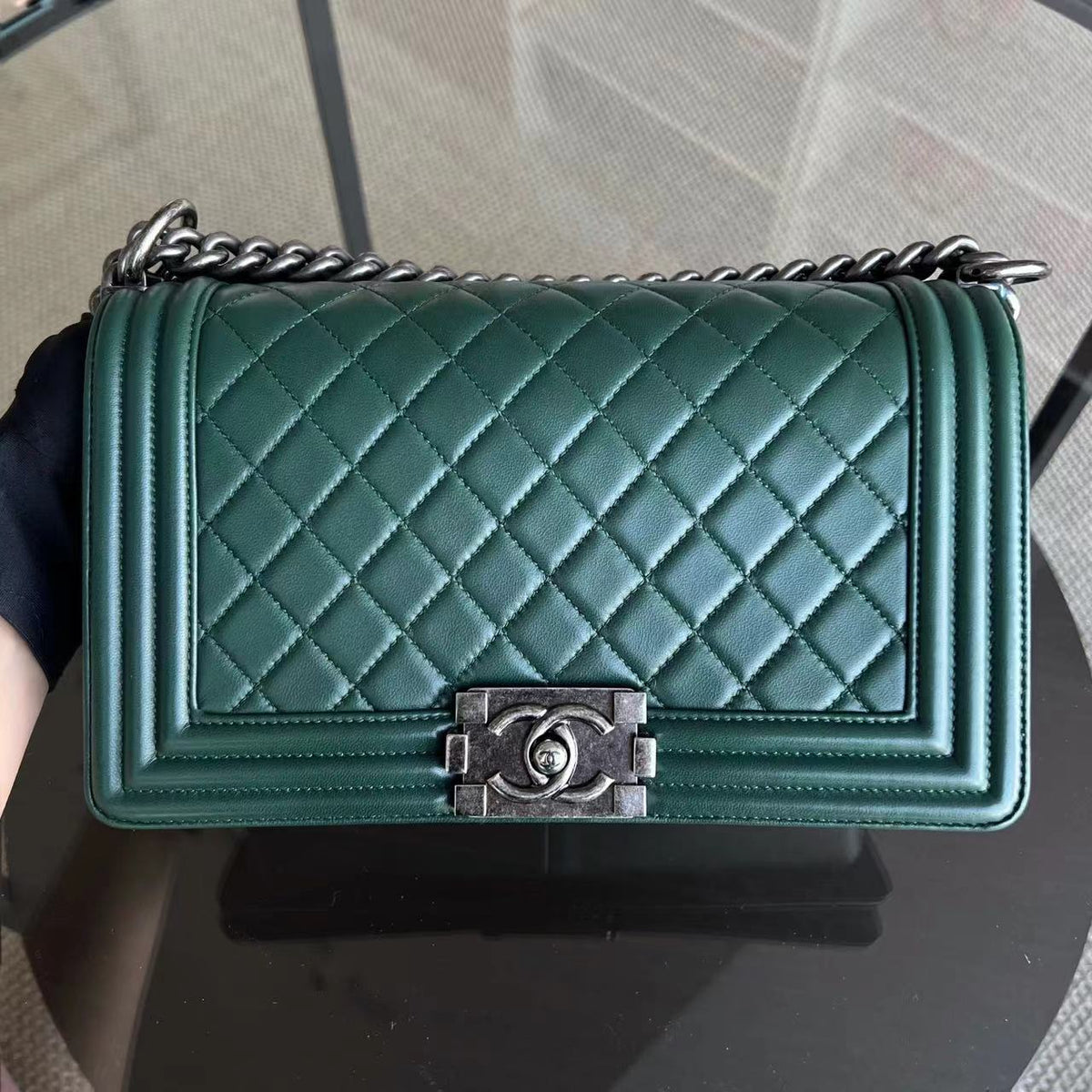 *Full Set, Receipt* Boy Old Medium 25CM Quilted Lambskin Dark Green Leboy Silver Hardware Series 21