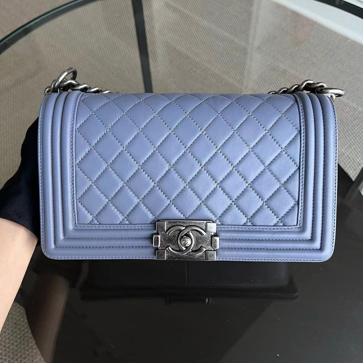 *Full Set, Receipt* Boy Old Medium 25CM Quilted Lambskin Lavender Light Purple Silver Hardware Series 15