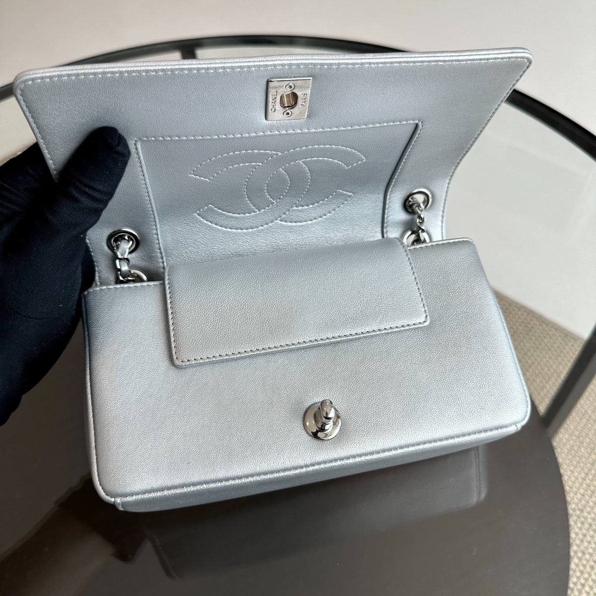 *Full Set, Receipt* Mademoiselle Small Seasonal Double Flap Calfskin Quilted Silver No 24