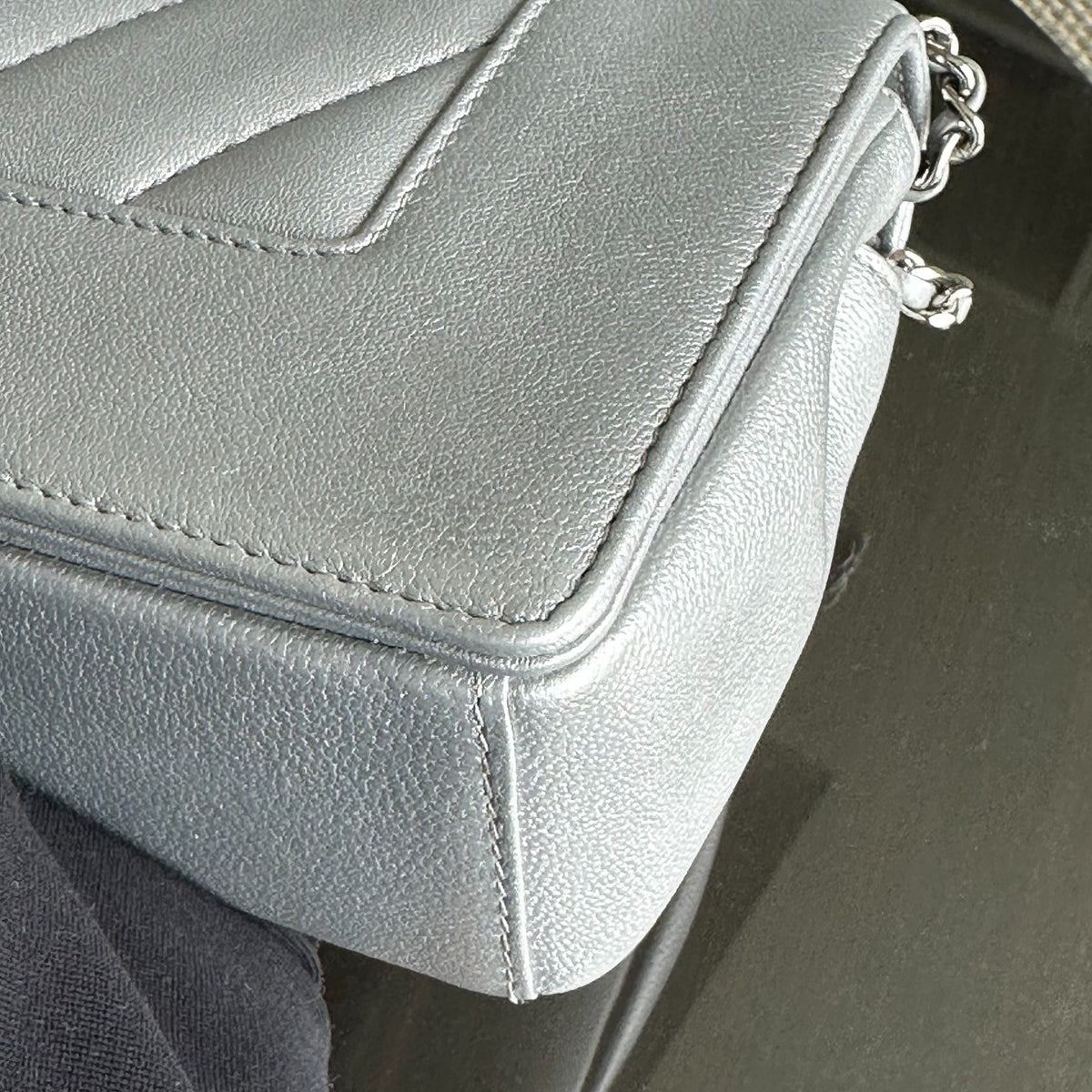 *Full Set, Receipt* Mademoiselle Small Seasonal Double Flap Chevron Calfskin Silver No 24