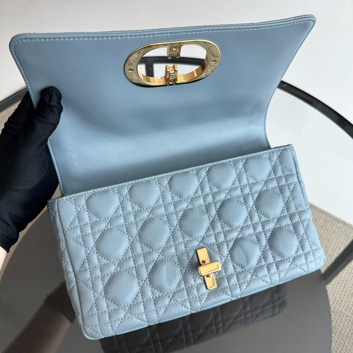 *Full Set, Receipt* Caro Medium Calfskin Flap Haze Blue GHW