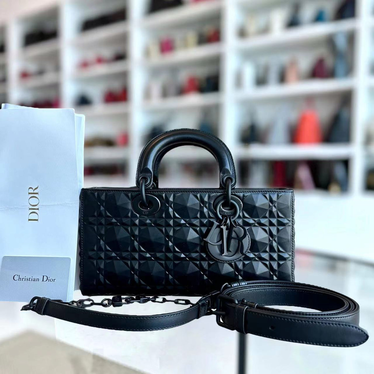 *Full Set, Receipt* D-Joy Medium All Black Dimond Motif Cannage Calfskin Top Handle Black Hardware