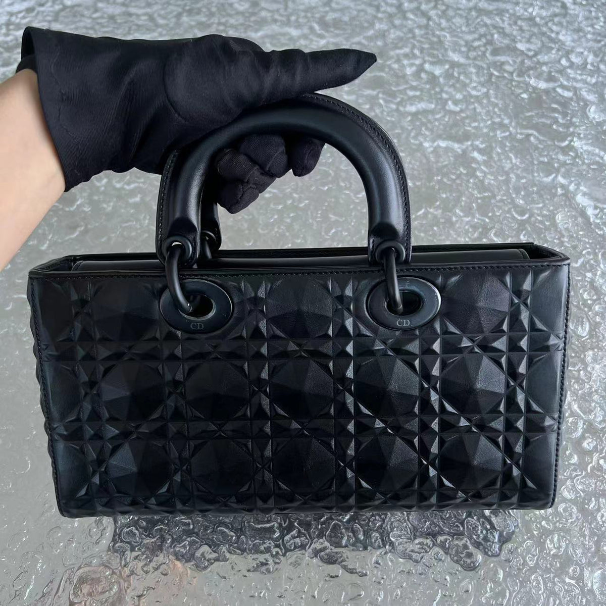 *Full Set, Receipt* D-Joy Medium All Black Dimond Motif Cannage Calfskin Top Handle Black Hardware