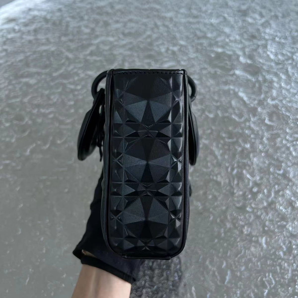 *Full Set, Receipt* D-Joy Medium All Black Dimond Motif Cannage Calfskin Top Handle Black Hardware