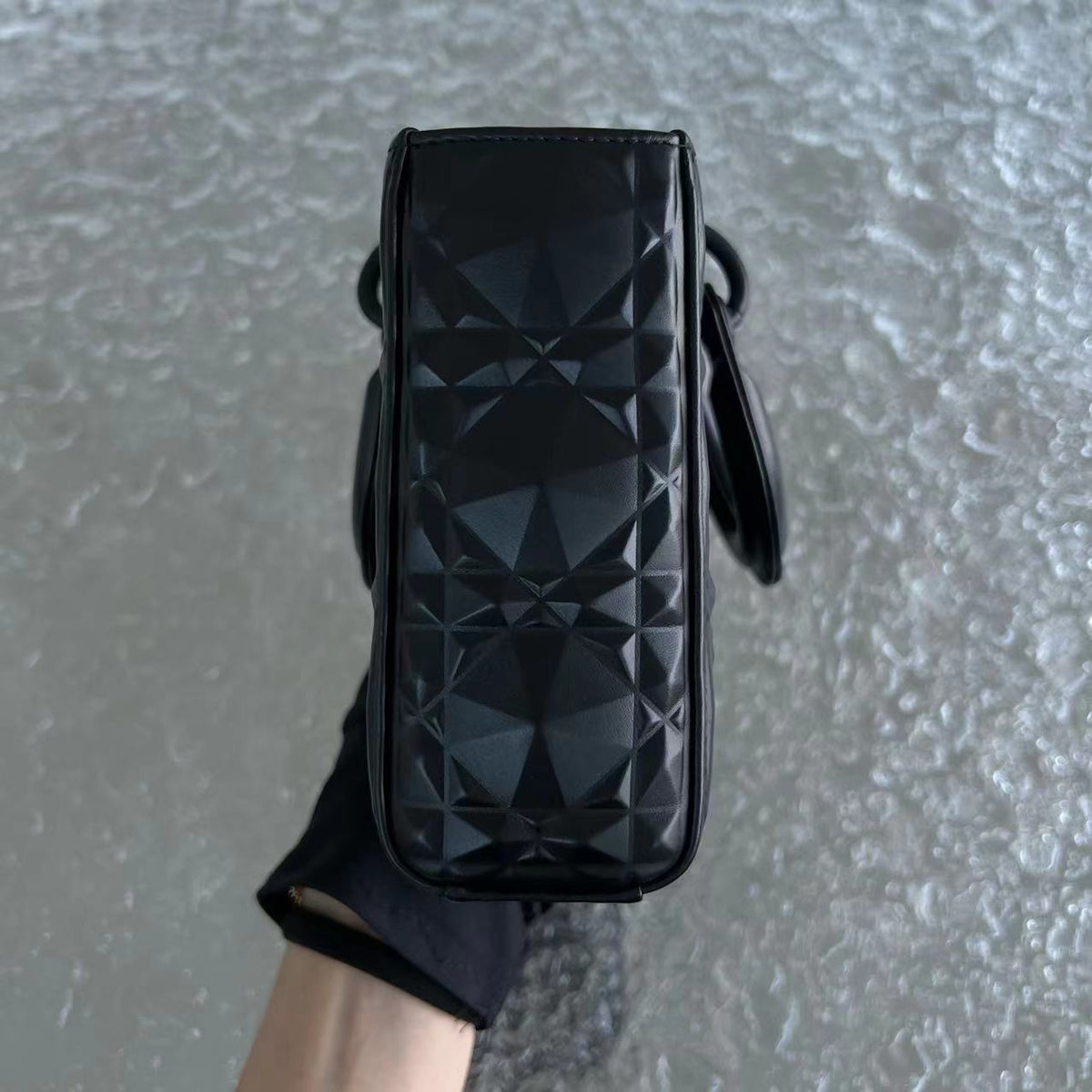 *Full Set, Receipt* D-Joy Medium All Black Dimond Motif Cannage Calfskin Top Handle Black Hardware