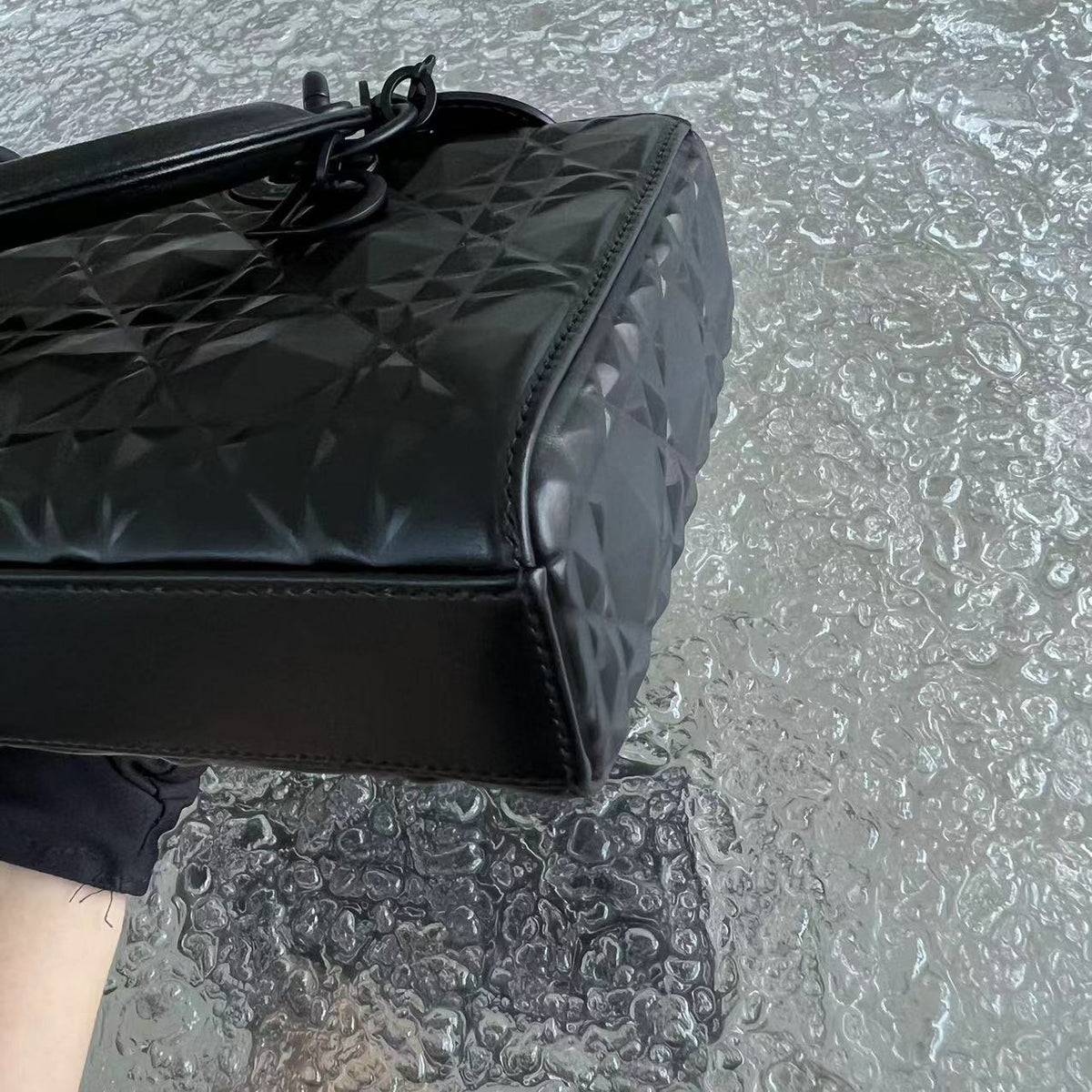 *Full Set, Receipt* D-Joy Medium All Black Dimond Motif Cannage Calfskin Top Handle Black Hardware