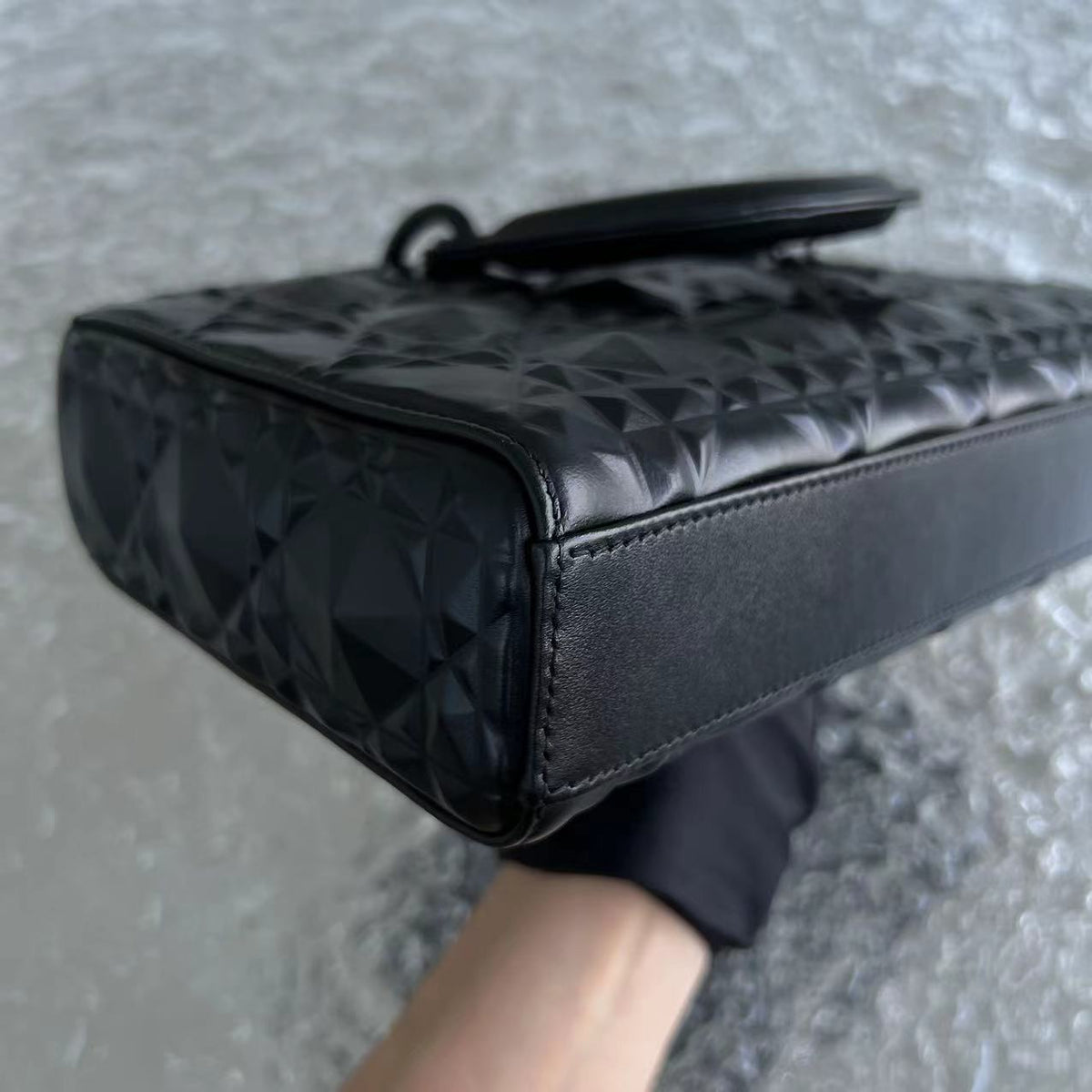 *Full Set, Receipt* D-Joy Medium All Black Dimond Motif Cannage Calfskin Top Handle Black Hardware