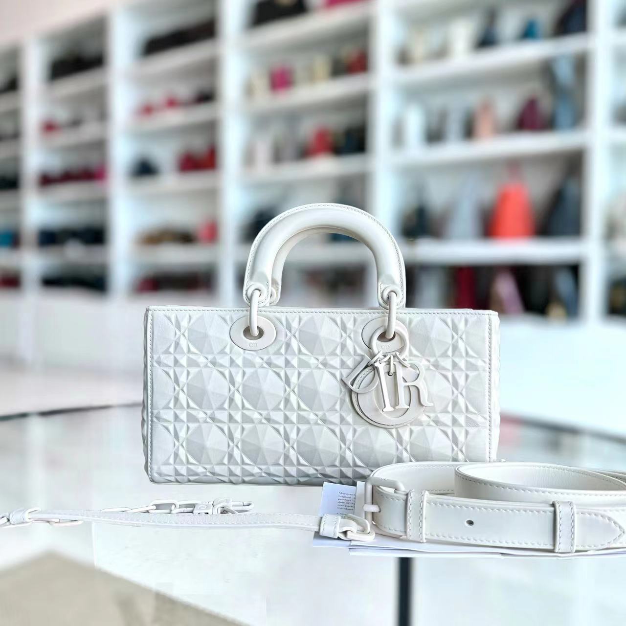 Dior D-Joy Medium Latte Cannage Calfskin Dimond Motif White