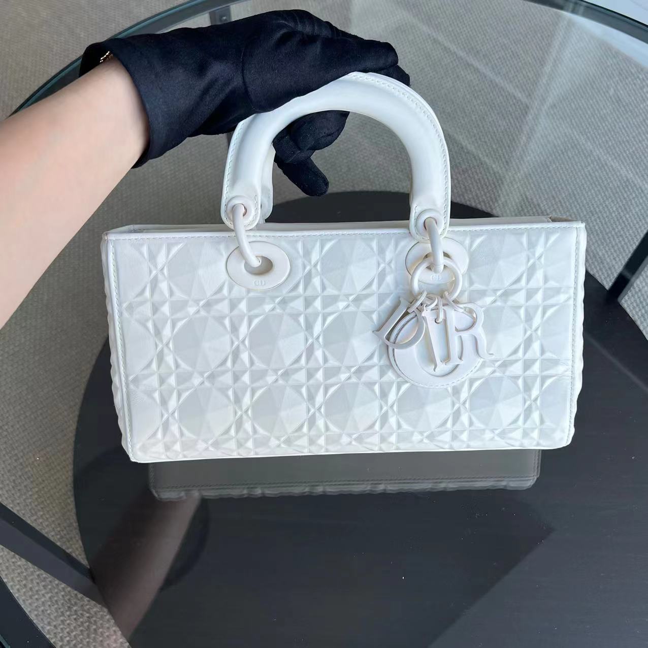 Dior D-Joy Medium Latte Cannage Calfskin Dimond Motif White
