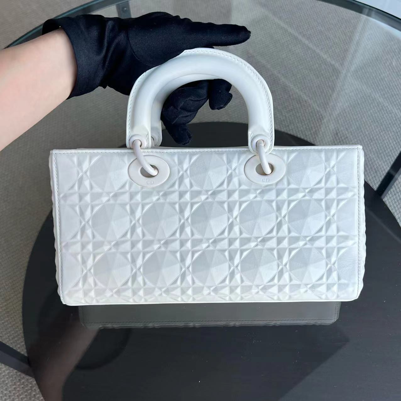 Dior D-Joy Medium Latte Cannage Calfskin Dimond Motif White