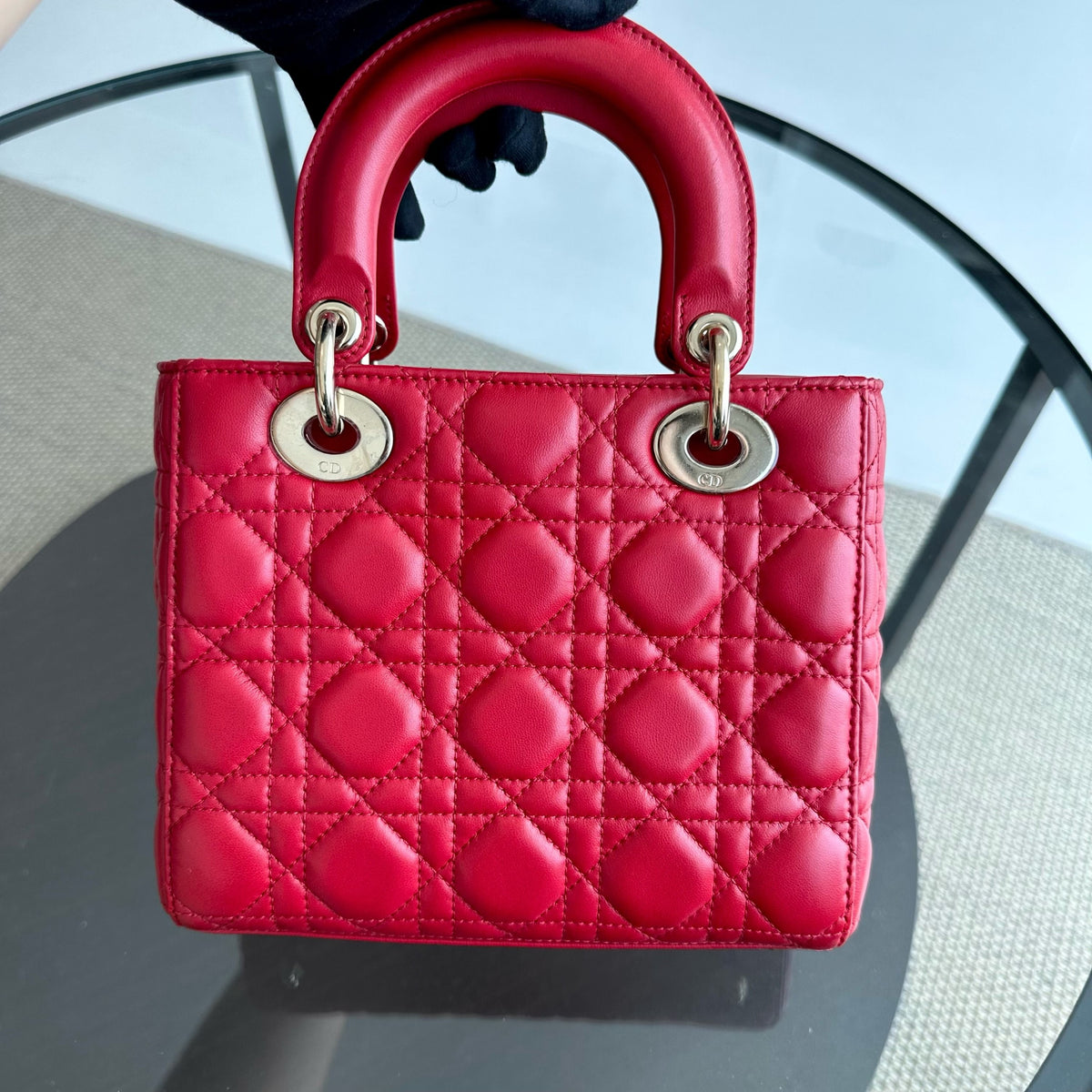 *Full Set, Receipt* Lady Small Lambskin Cannage Charm ABC Red GHW