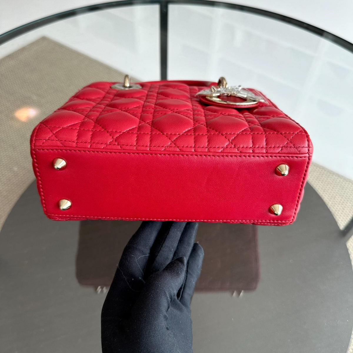 *Full Set, Receipt* Lady Small Lambskin Cannage Charm ABC Red GHW