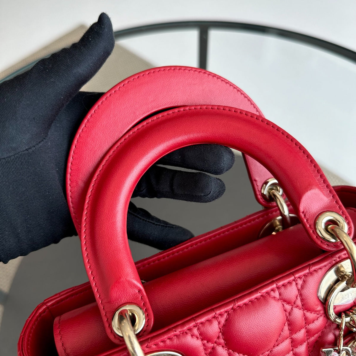*Full Set, Receipt* Lady Small Lambskin Cannage Charm ABC Red GHW