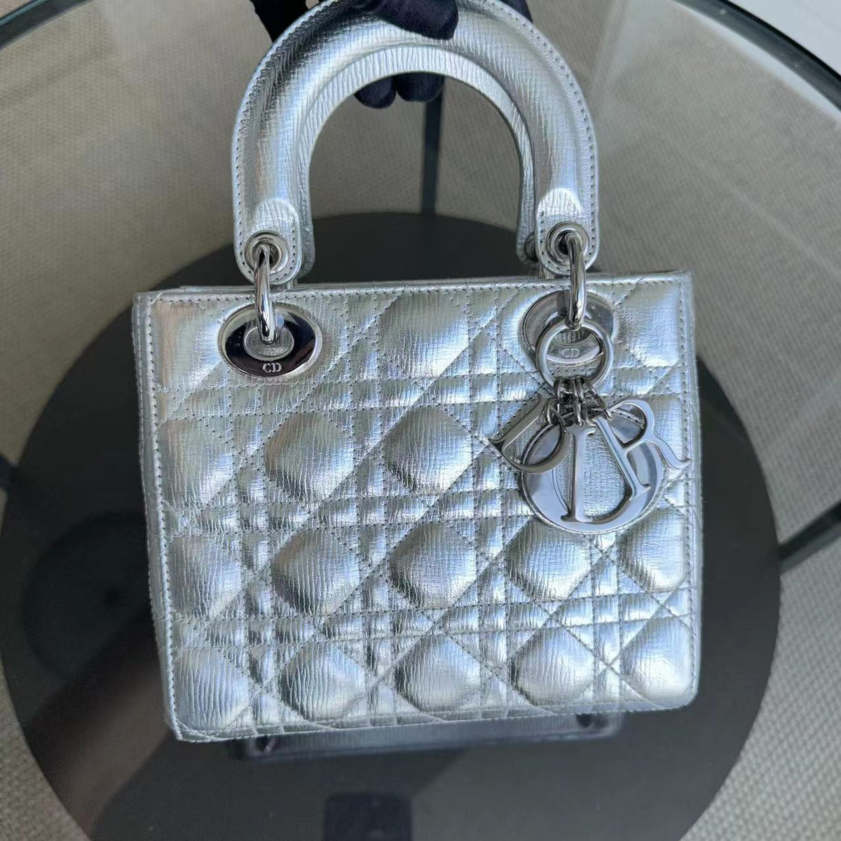 Dior Lady Small - Metallic Calfskin Limited Edition Silver ABC Badge Charm SHW