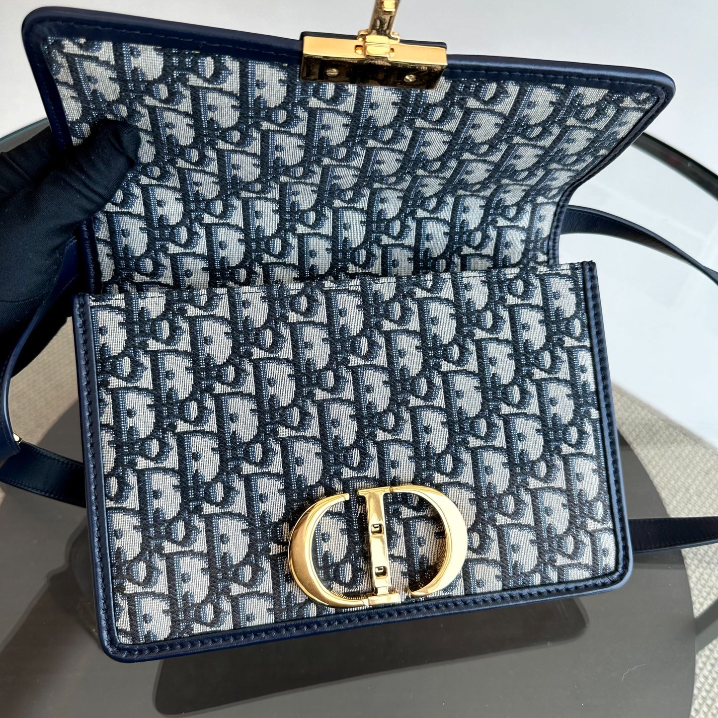 *Full Set, Receipt* Montaigne 30 Oblique Canvas Blue Shoulder Bag GHW