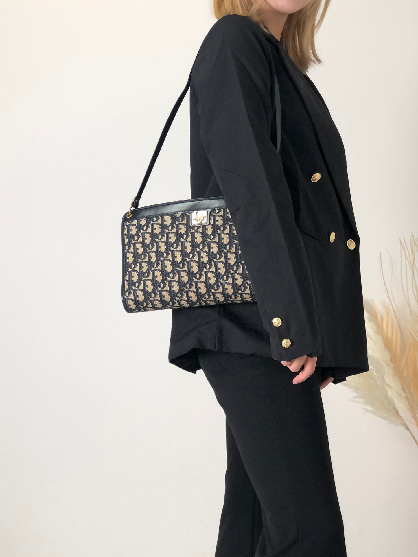 Christian Dior Trotter Logo Jacquard Leather Shoulder bag Navy Vintage i2dwx3