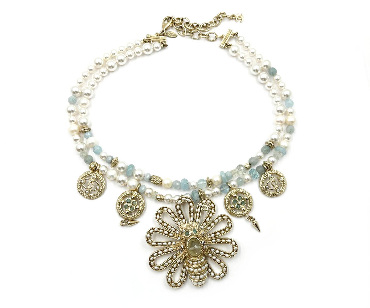 Top Quality Chanel Gold Bee Seed Pearl Pendants 2 Strand Aquamarine Pearl Necklace