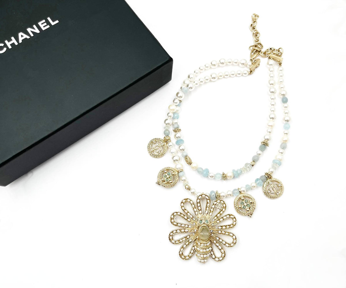 Top Quality Chanel Gold Bee Seed Pearl Pendants 2 Strand Aquamarine Pearl Necklace