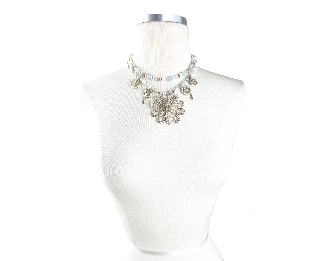 Top Quality Chanel Gold Bee Seed Pearl Pendants 2 Strand Aquamarine Pearl Necklace