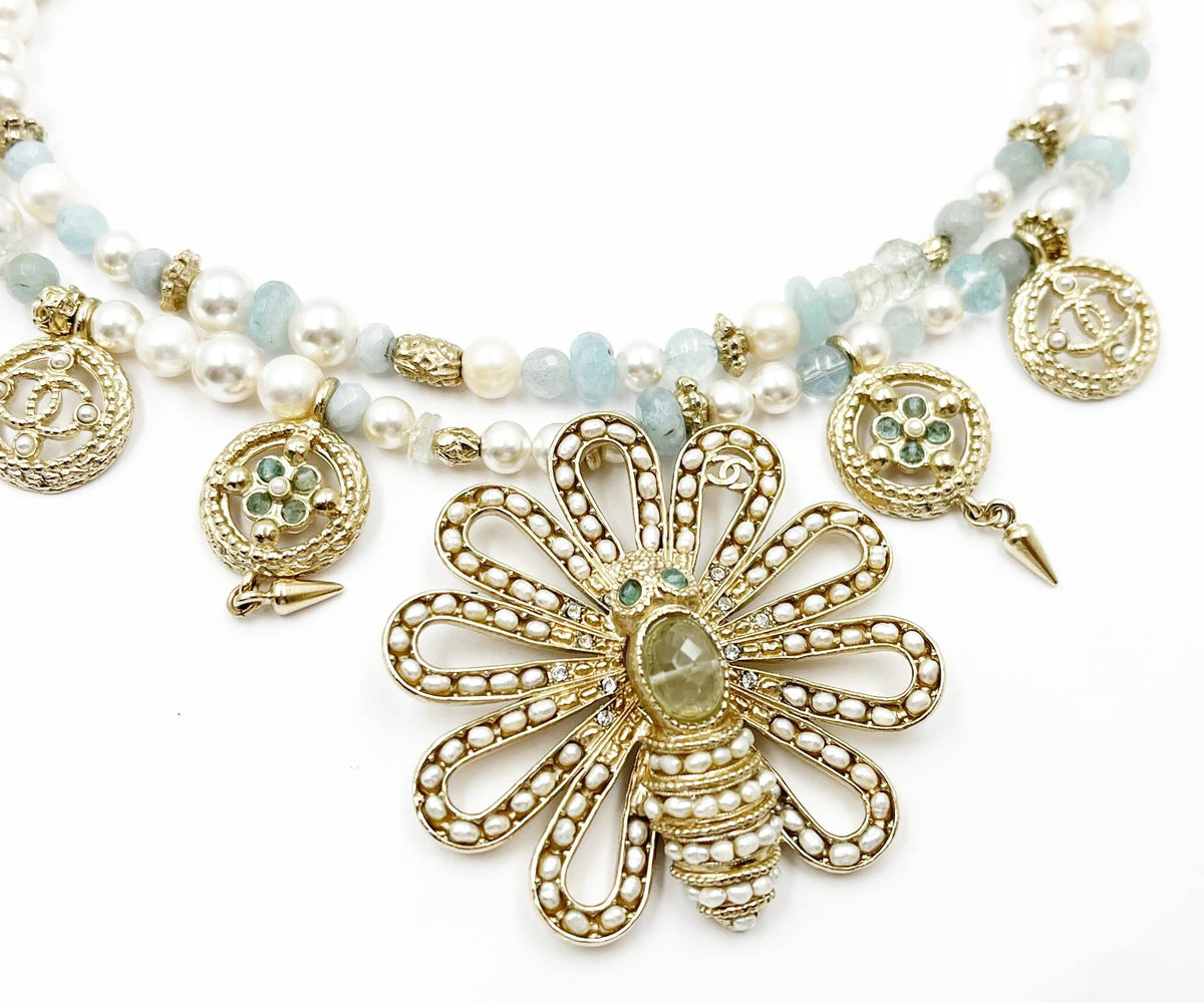 Top Quality Chanel Gold Bee Seed Pearl Pendants 2 Strand Aquamarine Pearl Necklace
