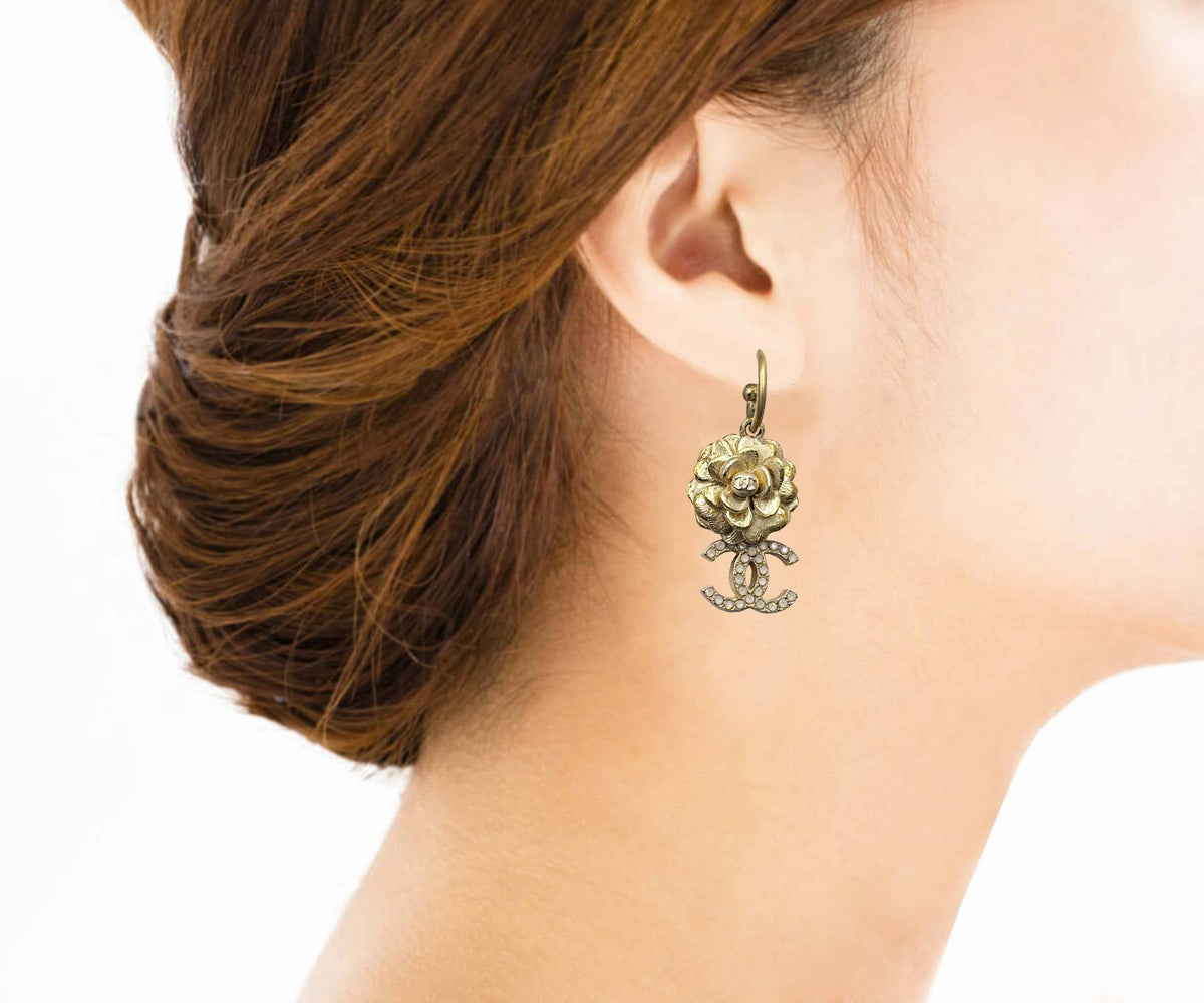 Top Quality Chanel Gold Camellia Flower CC Opal Crystal Dangle Piercing Earrings