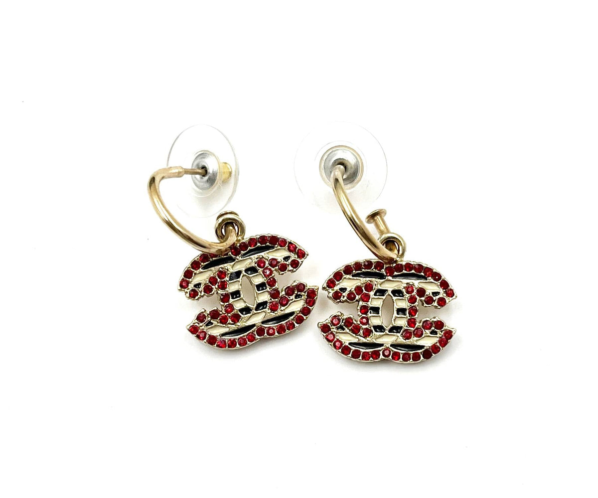 Top Quality Chanel Gold CC Black White Stripe Red Crystal Hoop Piercing Earrings