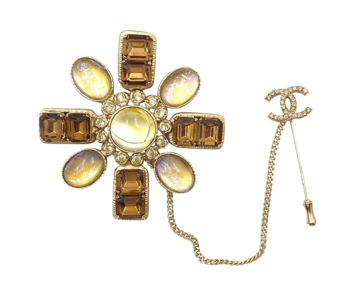 Top Quality Chanel Gold CC Brown Yellow Bronze Stone Chain Pin Brooch
