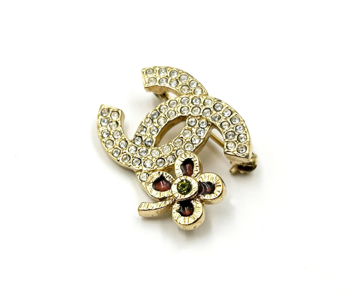 CHANEL Small Gold CC Crystal Red Corner Flower Small Brooch