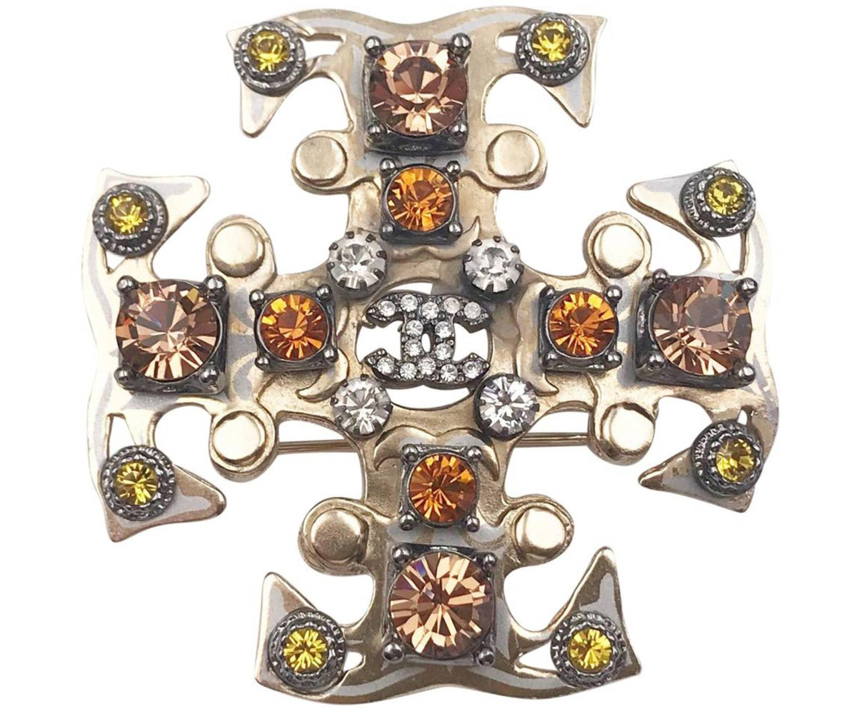 Top Quality Chanel Gold CC Peach Orange Mustard Silver Crystal Gothic Cross Brooch Pendant