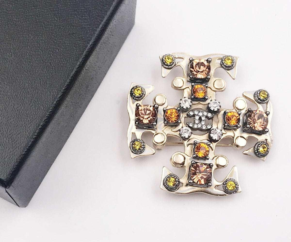 Top Quality Chanel Gold CC Peach Orange Mustard Silver Crystal Gothic Cross Brooch Pendant