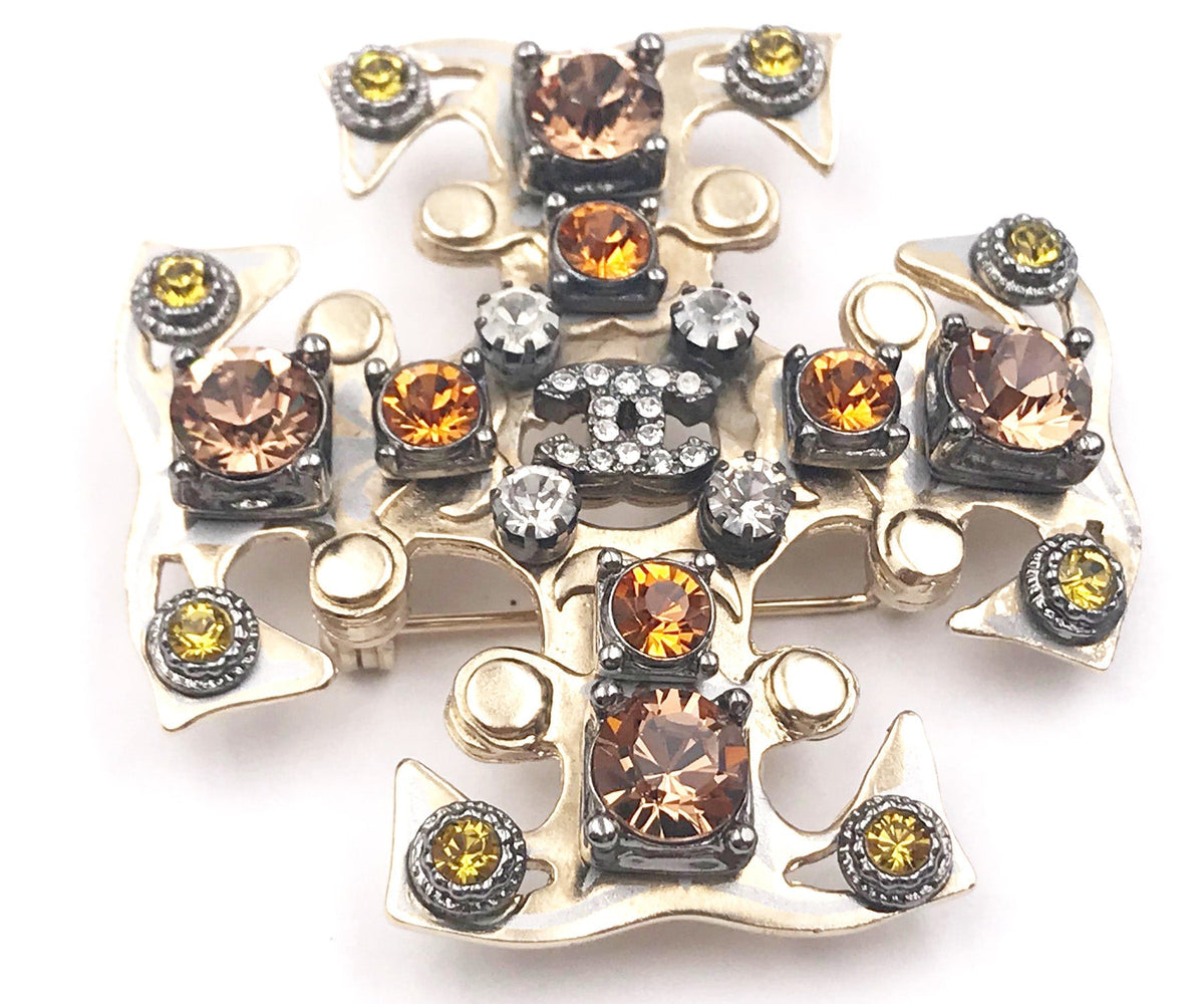 Top Quality Chanel Gold CC Peach Orange Mustard Silver Crystal Gothic Cross Brooch Pendant