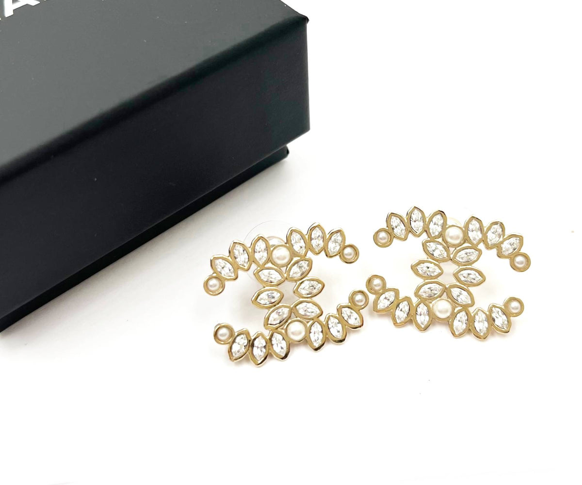 Top Quality Chanel Gold CC Marquise Crystal Large Piercing Earrings