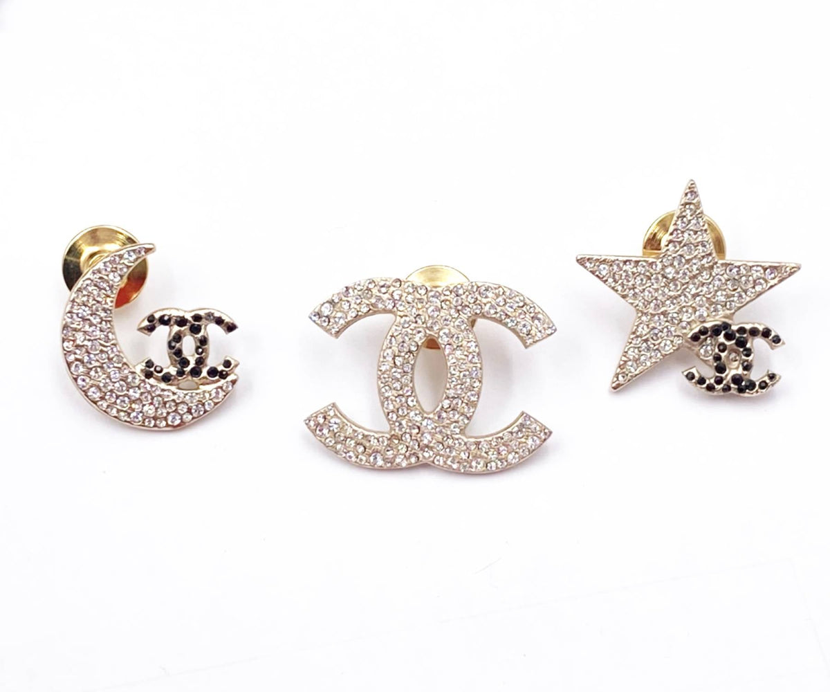 CHANEL Rare Gold CC Moon Star Black Crystal 3 Pins